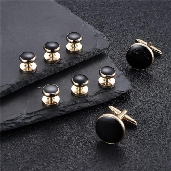 Cuff Links Mens Stainless Steel Cuff Links&Studs Set GoldBlack Cufflinks for Men - Picture 5 of 8
